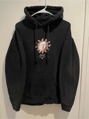 Stance Heavyweight Pullover Hoodie Black Large Celestial Sun Graphic Distressed